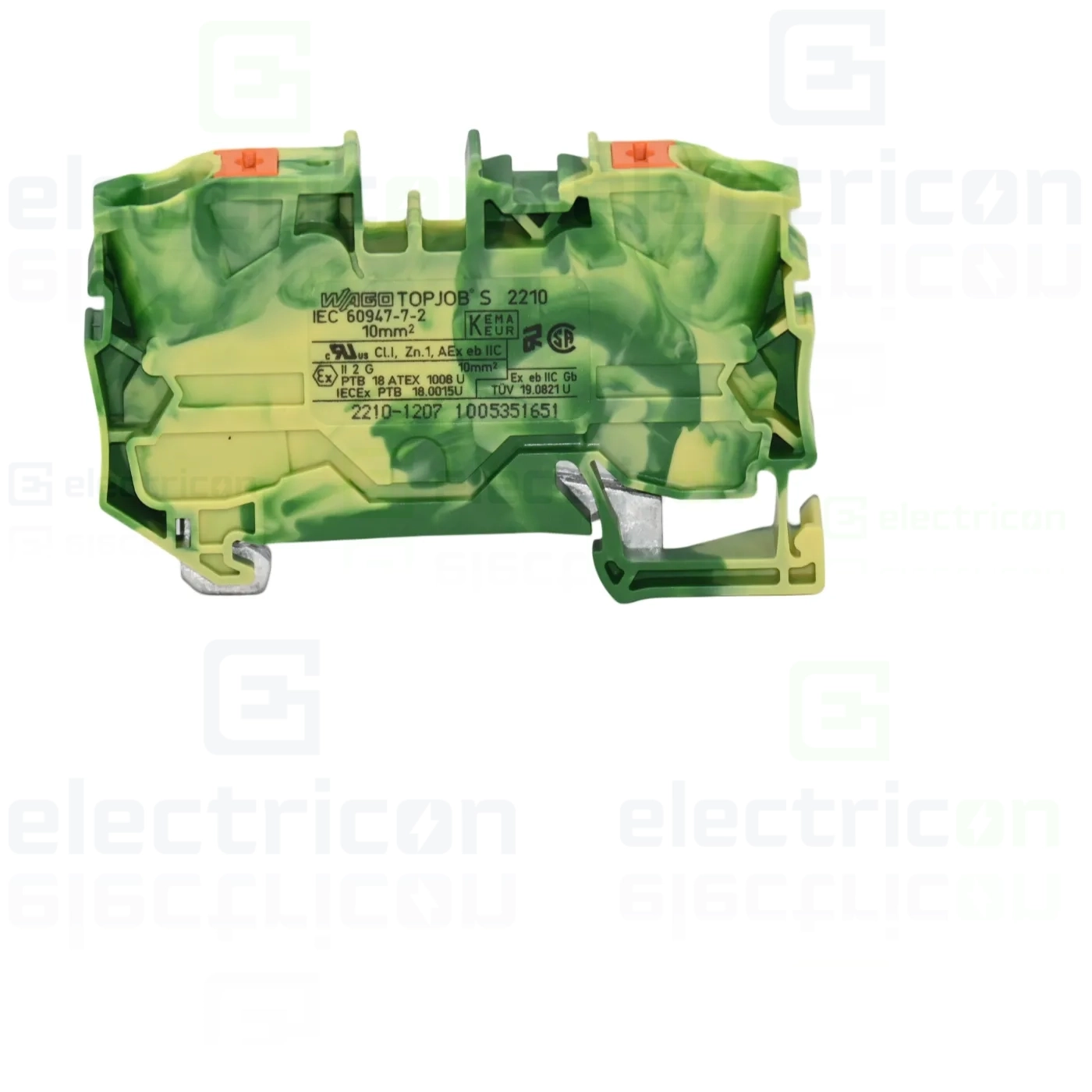 Cleme sir - Clema șir, de trecere, 2 conexiuni, 10 mm²,verde-galben, CAGE CLAMP, Wago, 2210-1207