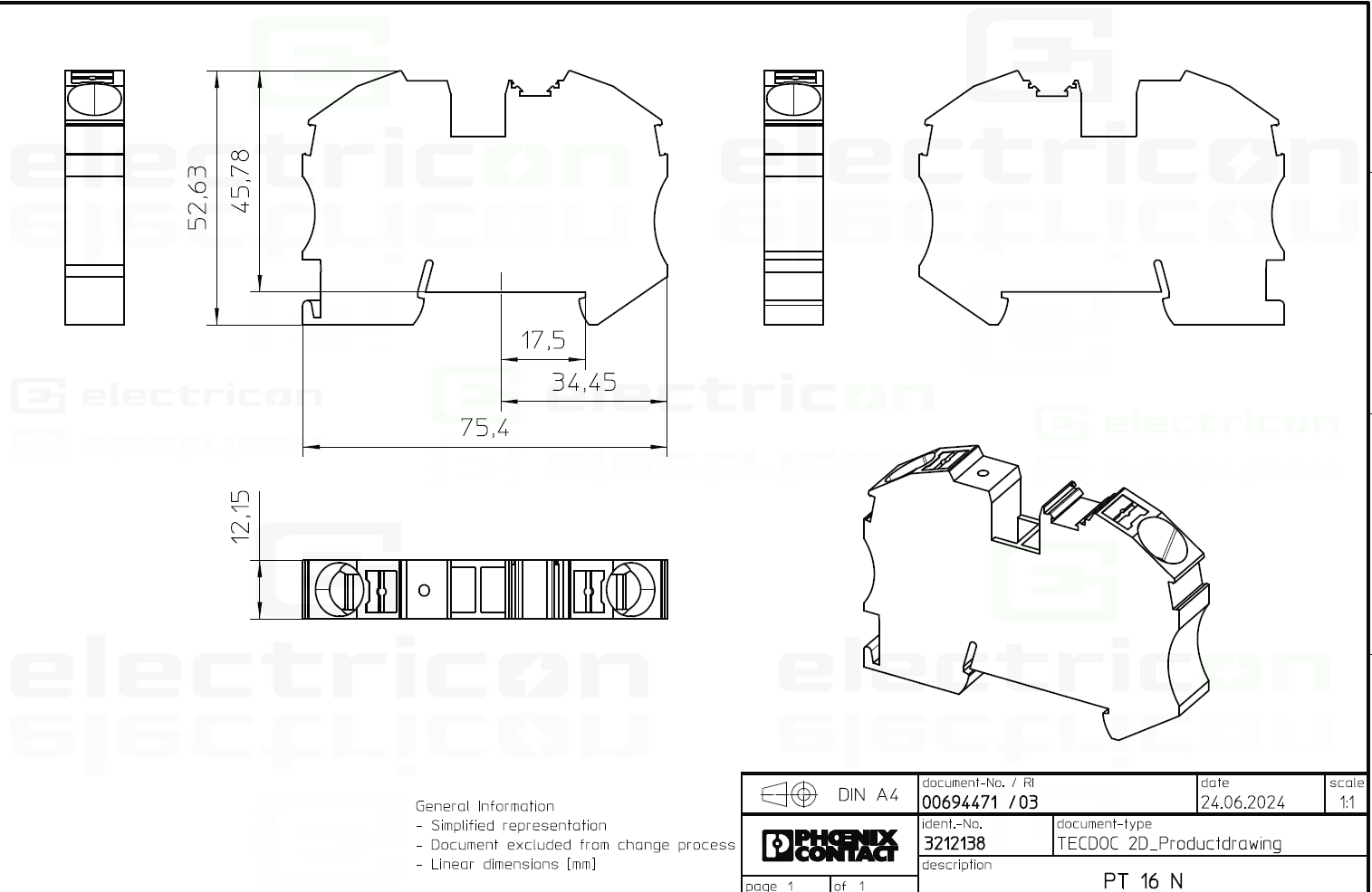Clema șir, de trecere, 2 conexiuni, 16 mm²,gri, PT 16 N, Phoenix Contact, 3212138 [3]