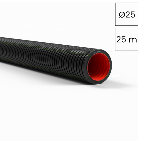 Copex tub flexibil, rezistent la UV pentru cabluri telecomunicatii, rola 25 metri, negru (ext.) - rosu (int.), 25mm, 750N, DUROFLEX PLUS ISR, Kouvidis, 2051025