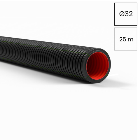 Copex tub flexibil, rezistent la UV pentru cabluri telecomunicatii, rola 25 metri, negru/verde, 32mm, 750N, DUROFLEX PLUS ISR, Kouvidis, 2051032