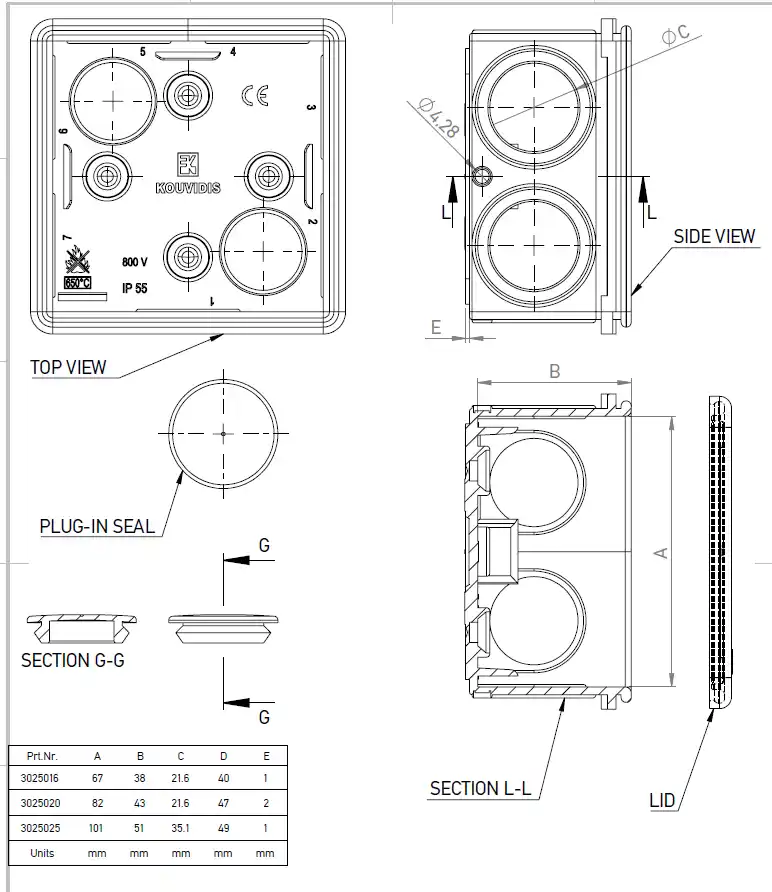 Cutie de joncțiune neagră Kouvidis 3025020 cu intrări Ø20/16 [3]