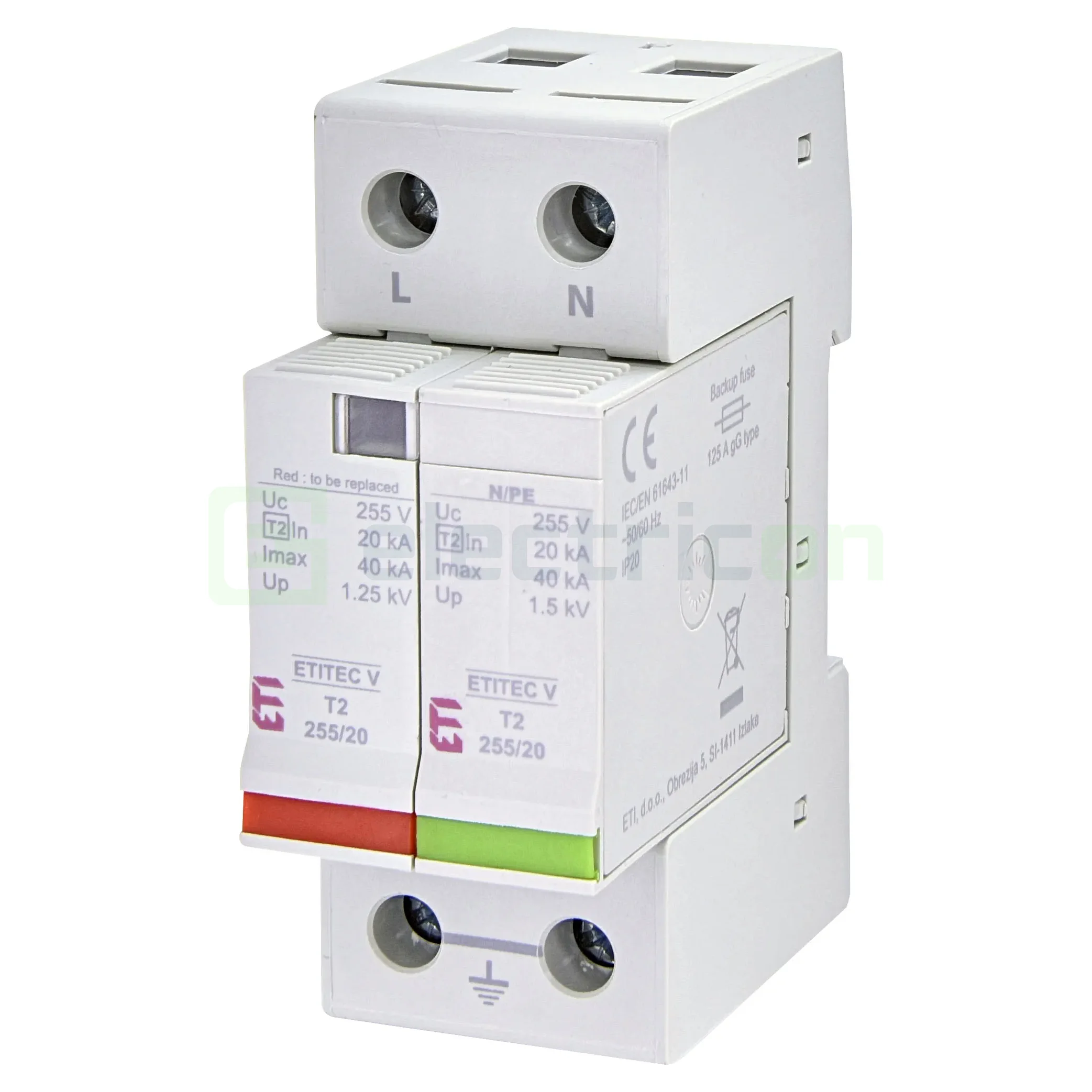 Descărcătoare de supratensiune (SPD) - Descarcator la supratensiune, 1+1, debrosabil cu semnalizare, tip T2, 255V, ETITEC V T2 255/20 1+1 RC, ETI, 002442960