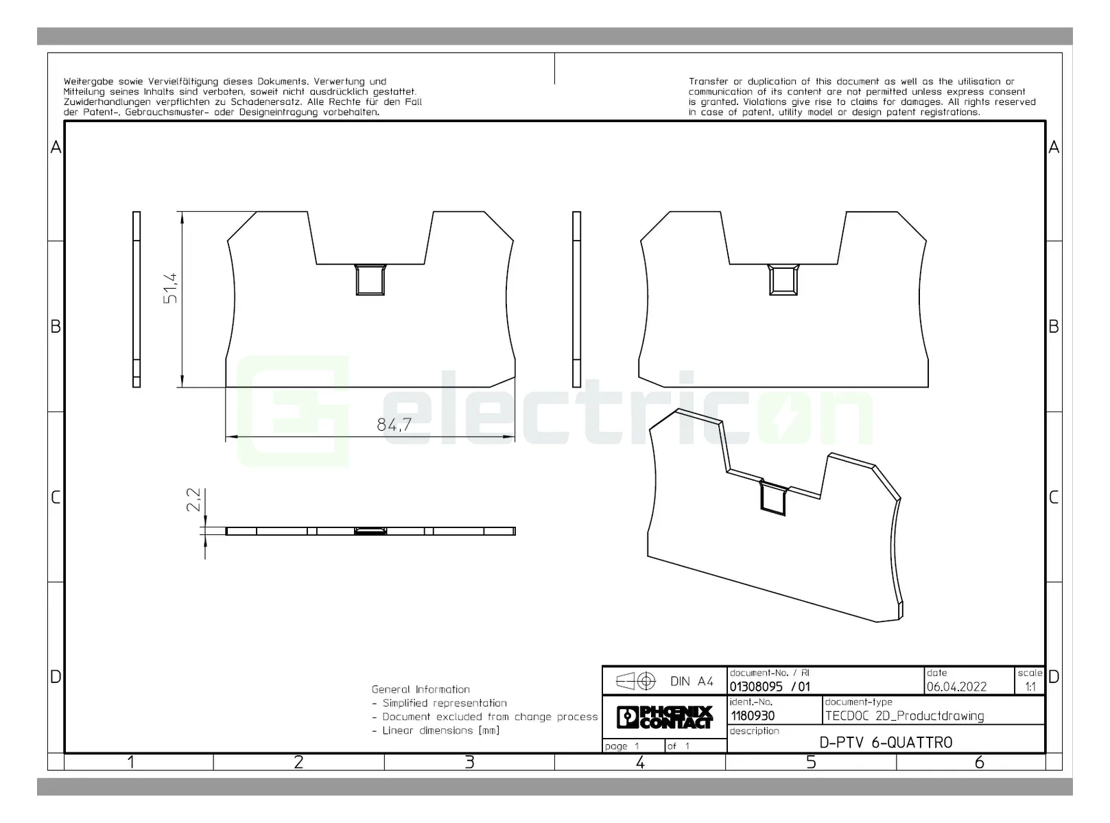 Element terminal pentru clema Phoenix Contact serie PTV 6 gri, D-PTV 6-QUATTRO, Phoenix Contact, 1180930 [1]