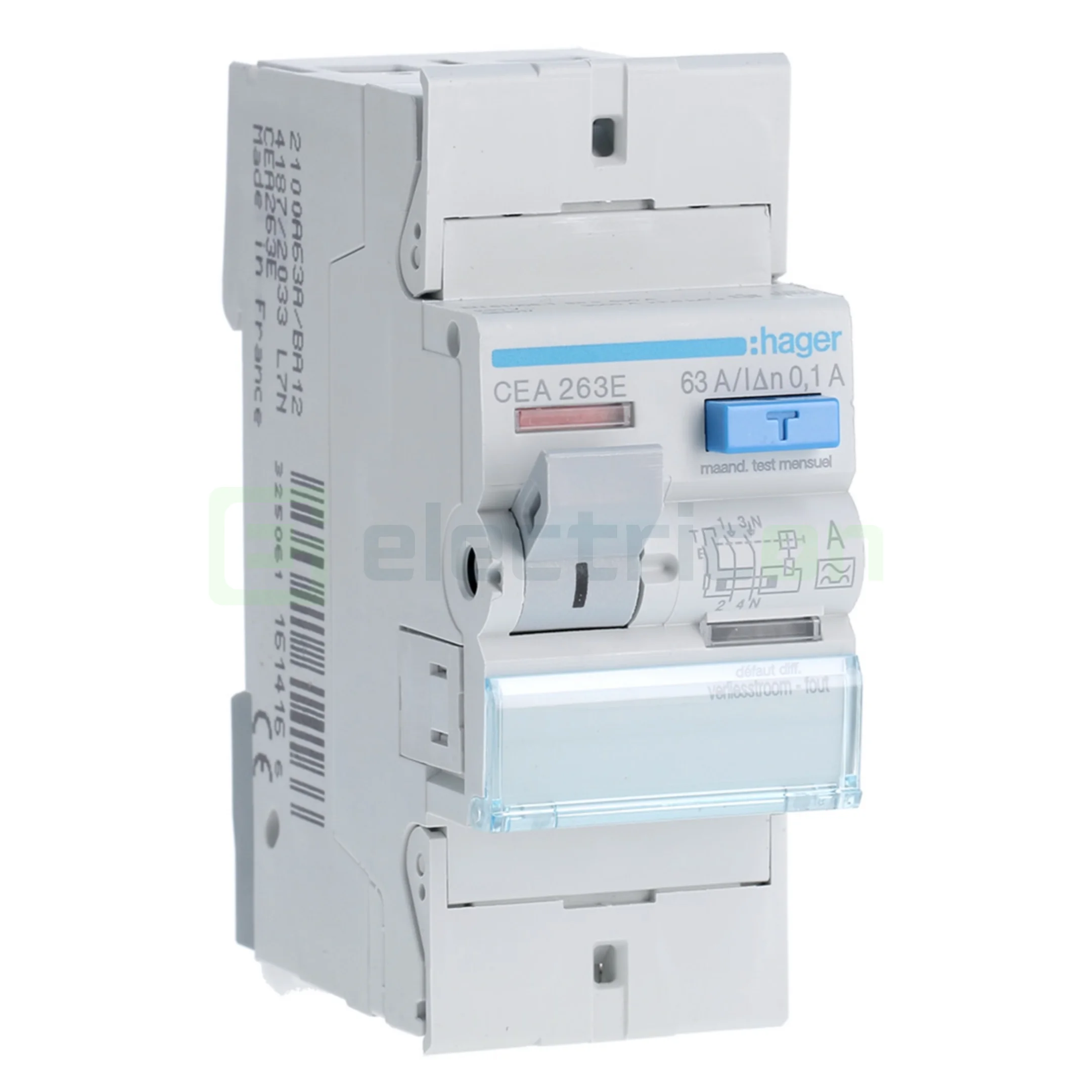 RCCB – întrerupătoare diferențiale - Intrerupator RCCB 2P 100mA 63A tip A Hager CEA263E