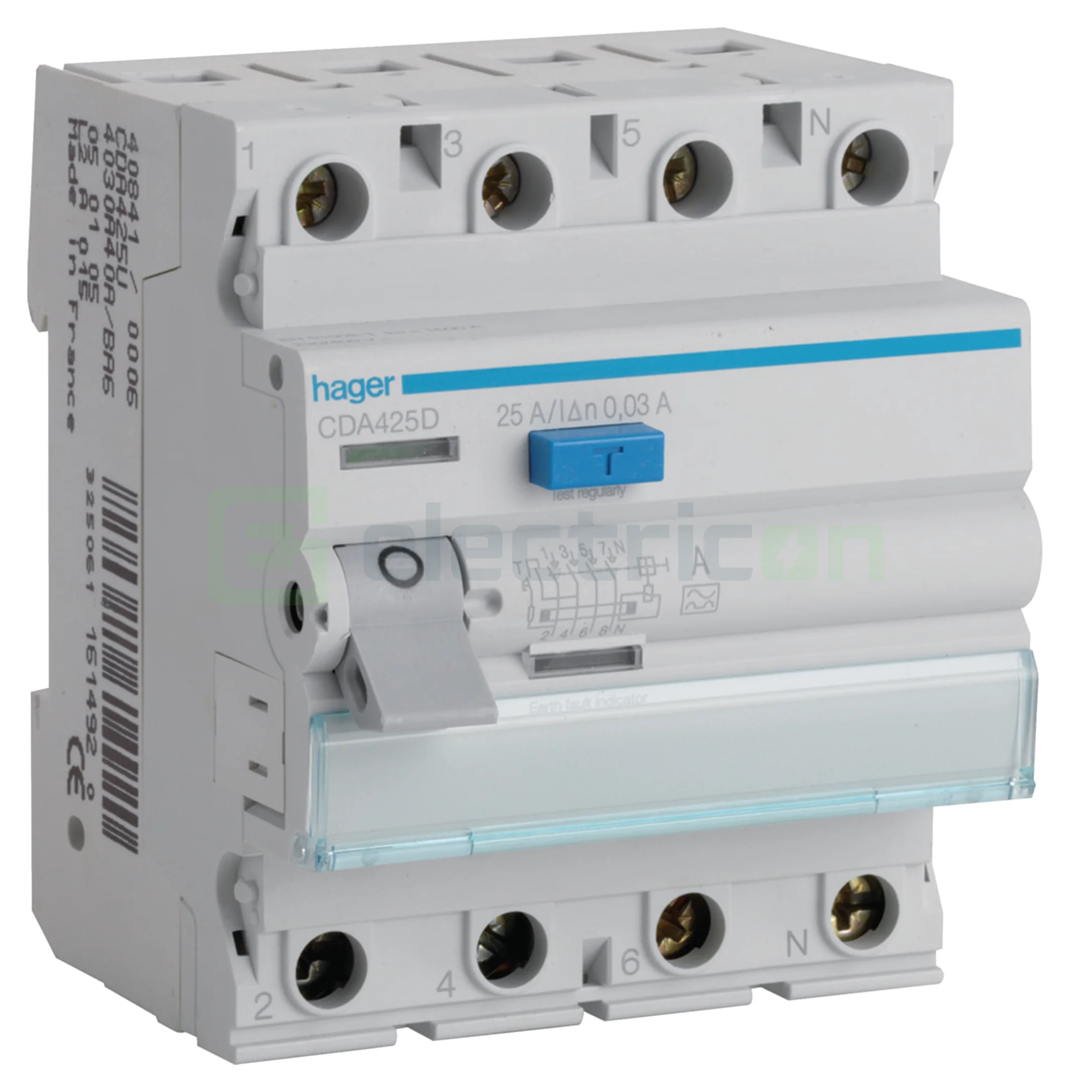 Siguranțe, Diferentiale, Separatori & Busbar - Intrerupator RCCB 4P 30mA 25A tip A Hager CDA425D