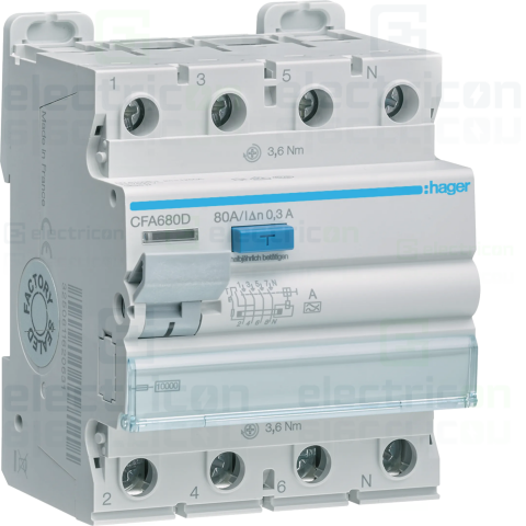 RCCB – întrerupătoare diferențiale - Intreruptor RCCB 80A/300mA Hager - CFA680D
