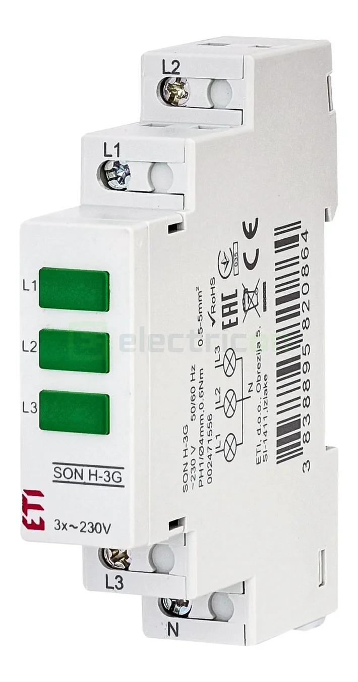 Contactori, Relee, Contoare & Surse - Lampă semnalizare tensiune LED trifazat, 3xVerde, 230VAC, SON H-3G, ETI, 002471556