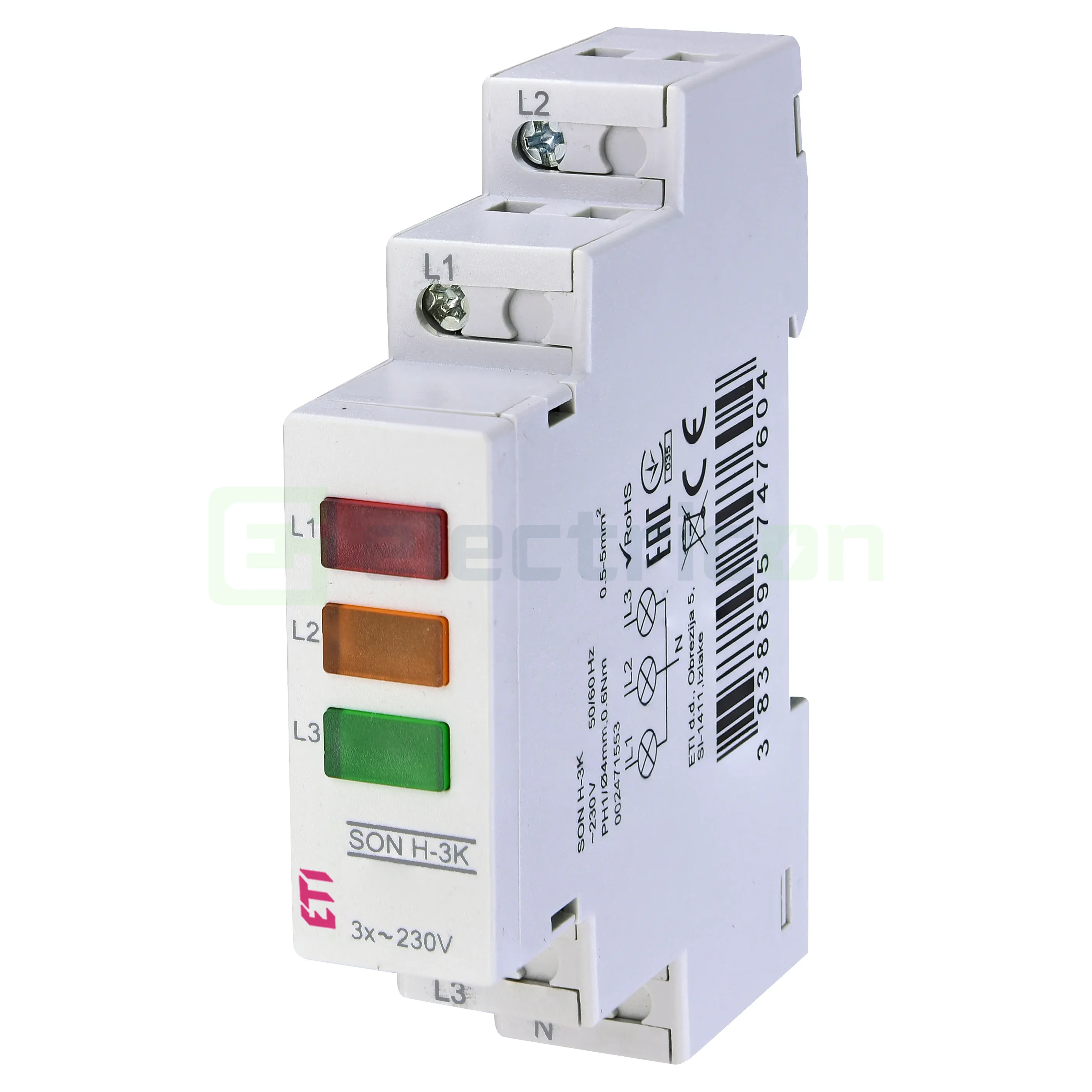 Contactori, Relee, Contoare & Surse - Lampă semnalizare tensiune trifazat,  LED, roșu-portocaliu-verde, 230VAC, SON H-3K, ETI, 002471553