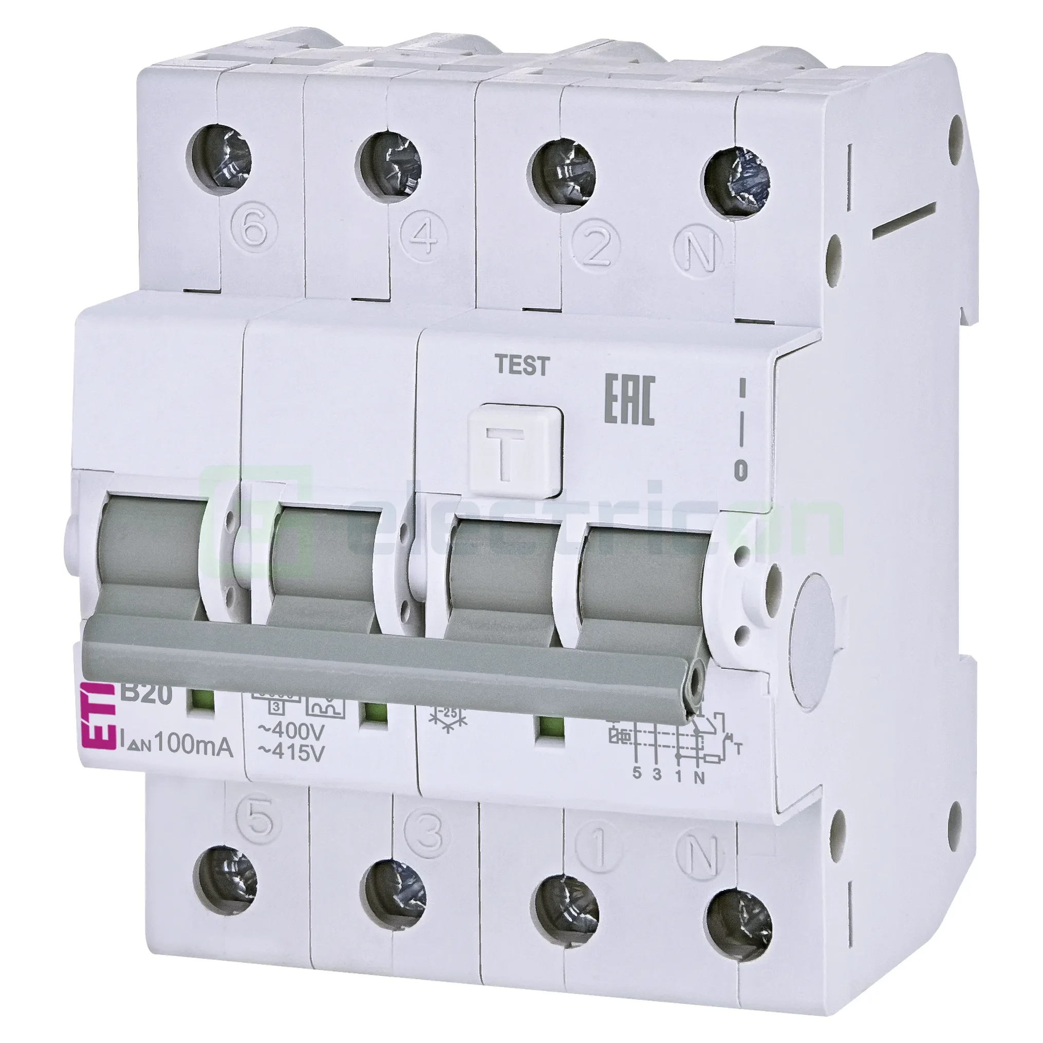 RCBO – siguranțe cu protecție diferențială - Siguranță diferențială RCBO ETI 002174405, 3P+N, tip A, B20, 6kA, 100mA