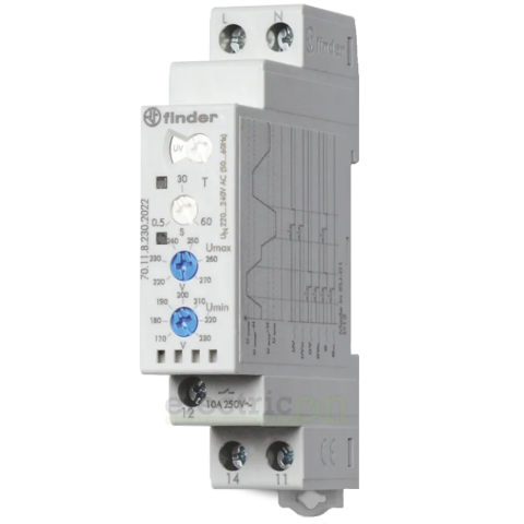 Relee monitorizare tensiune - Releu monitorizare pentru tensiune monofazată,reglabil, 1C, 10A, 250V, 2.5kVA, Finder,70.11.8.230.2022