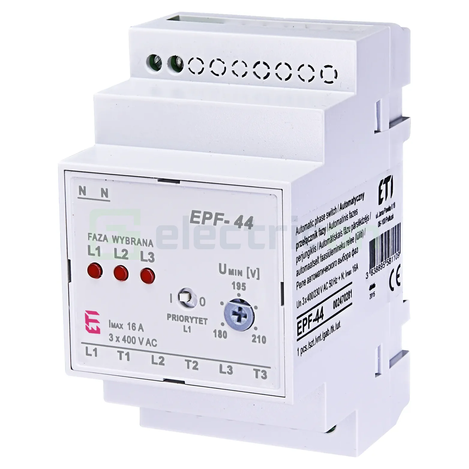 Releu de supraveghere cu prioritizare, comutator automat de faza, 16A, 3P, 400V, EPF-44, ETI,002470281