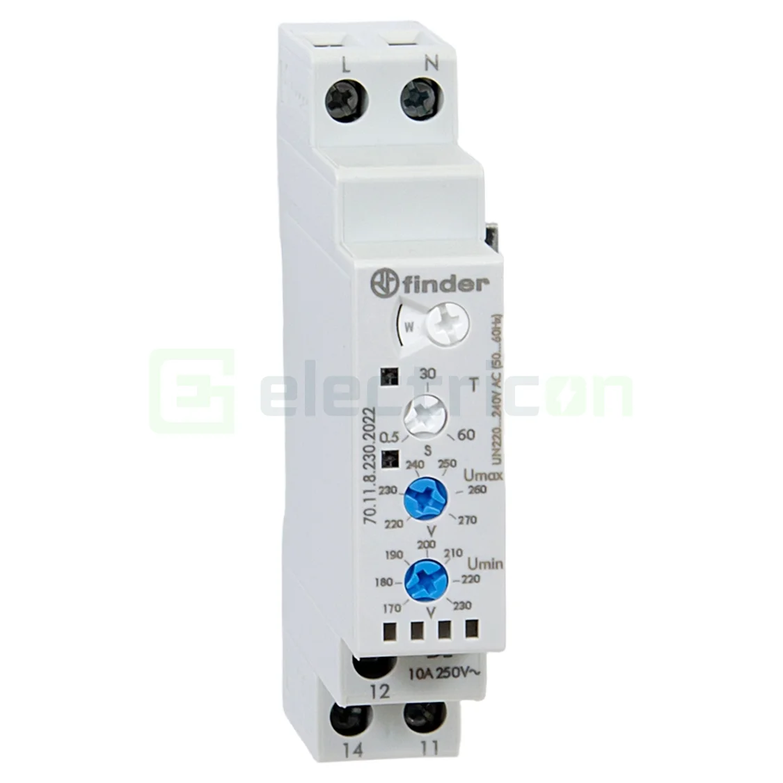 Relee monitorizare tensiune - Releu monitorizare pentru tensiune monofazată,reglabil, 1C, 10A, 250V, 2.5kVA, Finder,70.11.8.230.2022