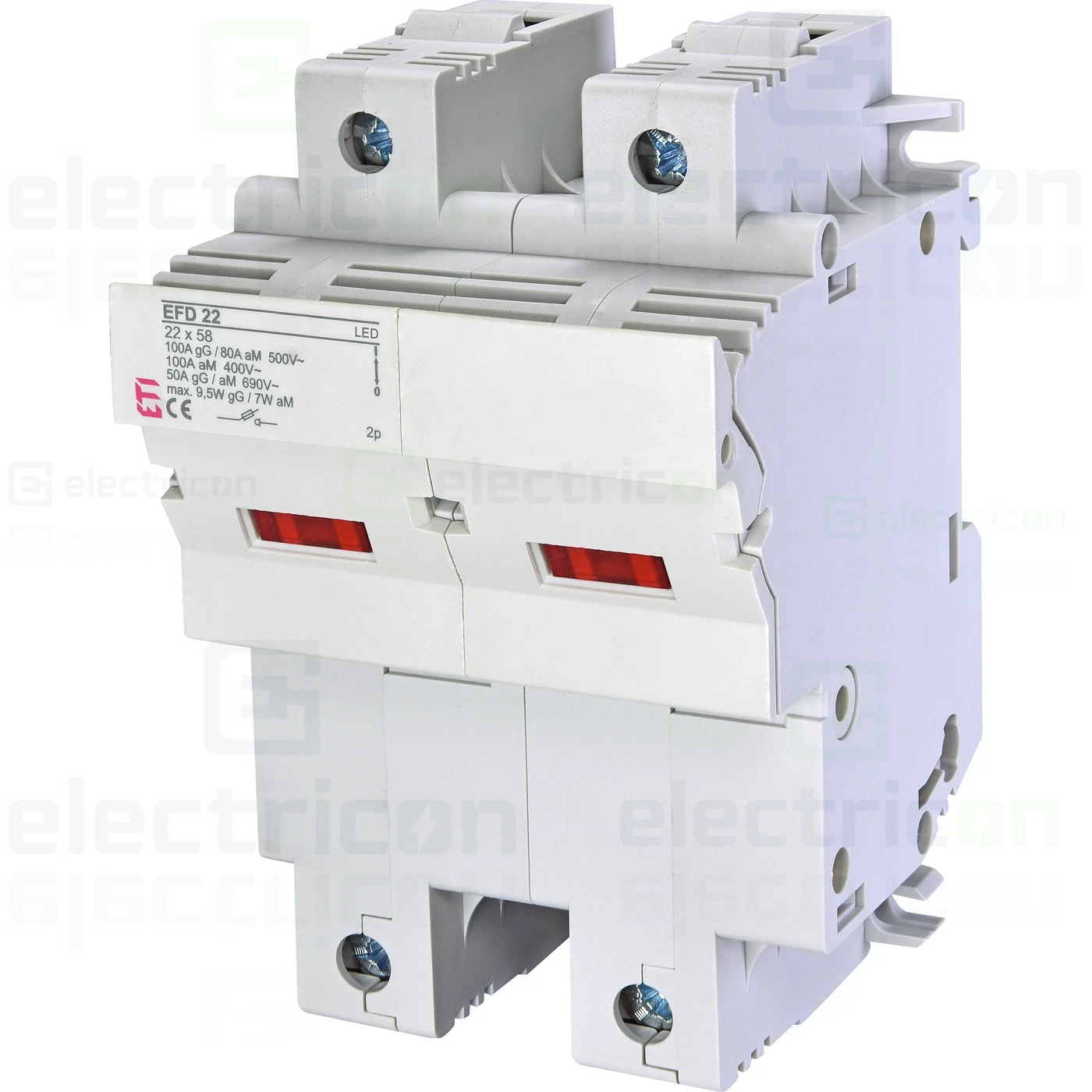 Soclu pentru sigurante fuzibile - Separator fuzibil (soclu), pentru CH 22x58, maxim 100A, 2P, cu LED, EFD 22 2p LED,  ETI, 002570013