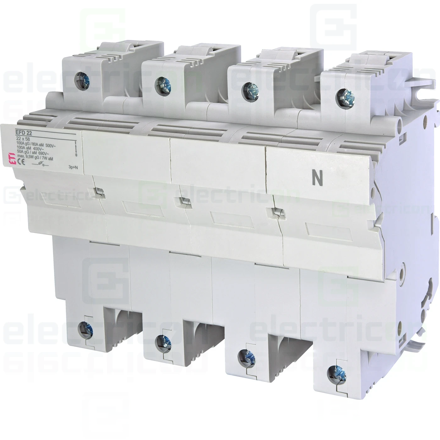 Soclu pentru fuzibile & sigurante fuzibile - Separator fuzibil (soclu), pentru CH 22x58, maxim 100A, 3P+N, EFD 22 3p+N , ETI, 002570005