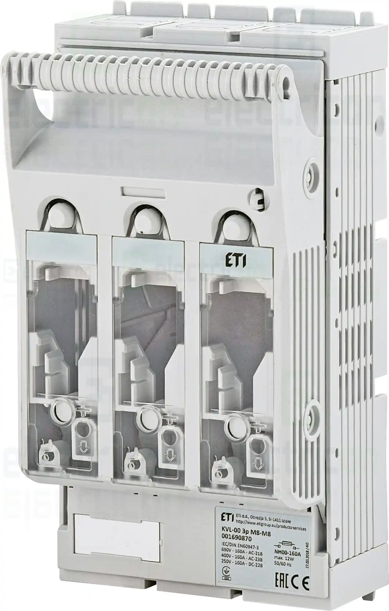 Soclu pentru sigurante fuzibile - Separator fuzibil (soclu), pentru NH 00, maxim 160A, 3P, KVL-00 3p M8-M8, ETI, 001690870