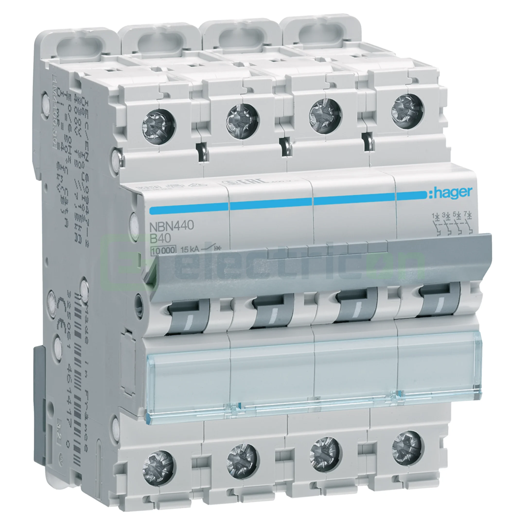 Siguranțe, Diferentiale, Separatori & Busbar - Disjunctor Hager NBN440, 4P 40A, 10kA, curba B, montaj modular, 4 module DIN