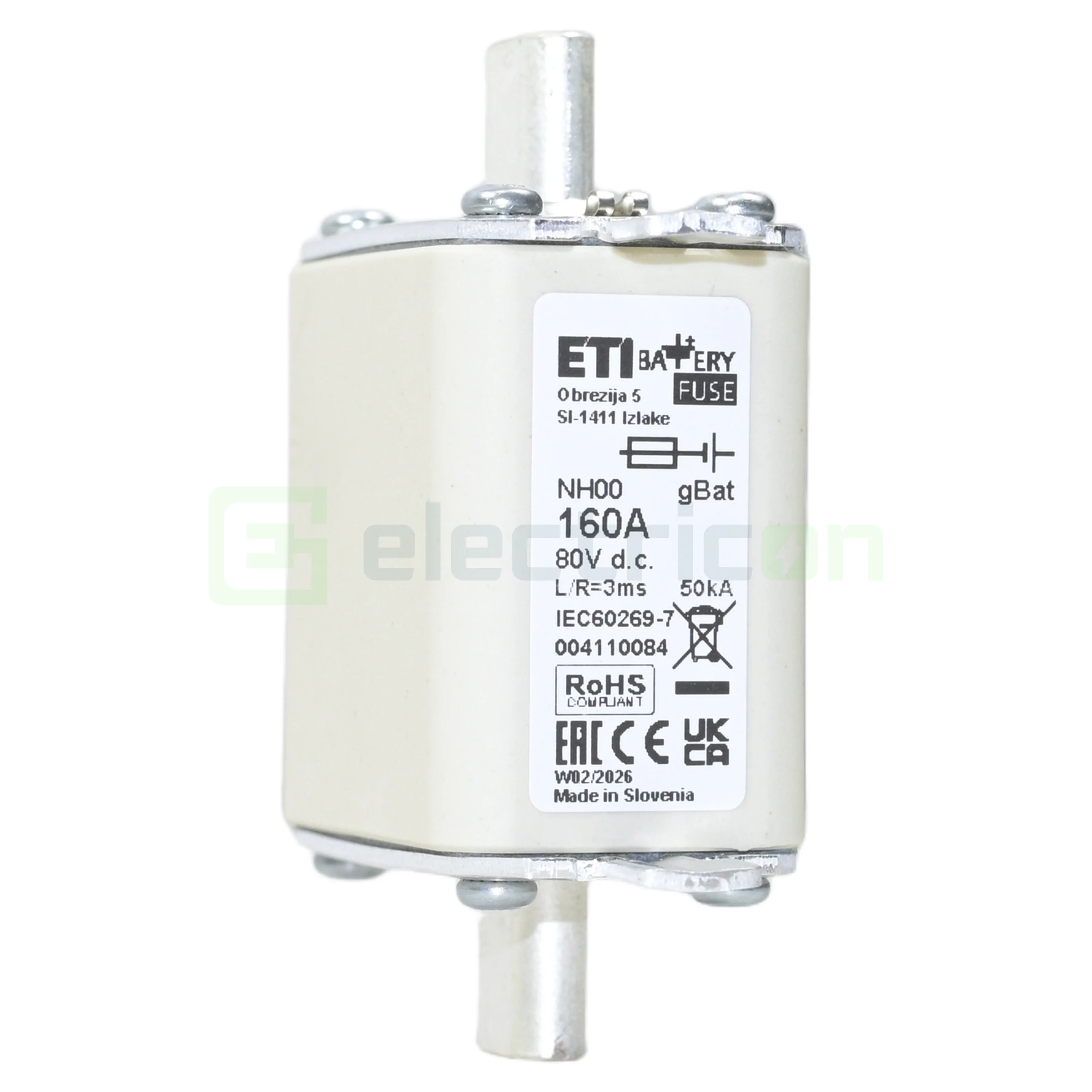 Soclu pentru fuzibile & sigurante fuzibile - Siguranță fuzibilă ETI 004110084, MPR gr.00 gBat 160A 80V DC, cilindru NH 00