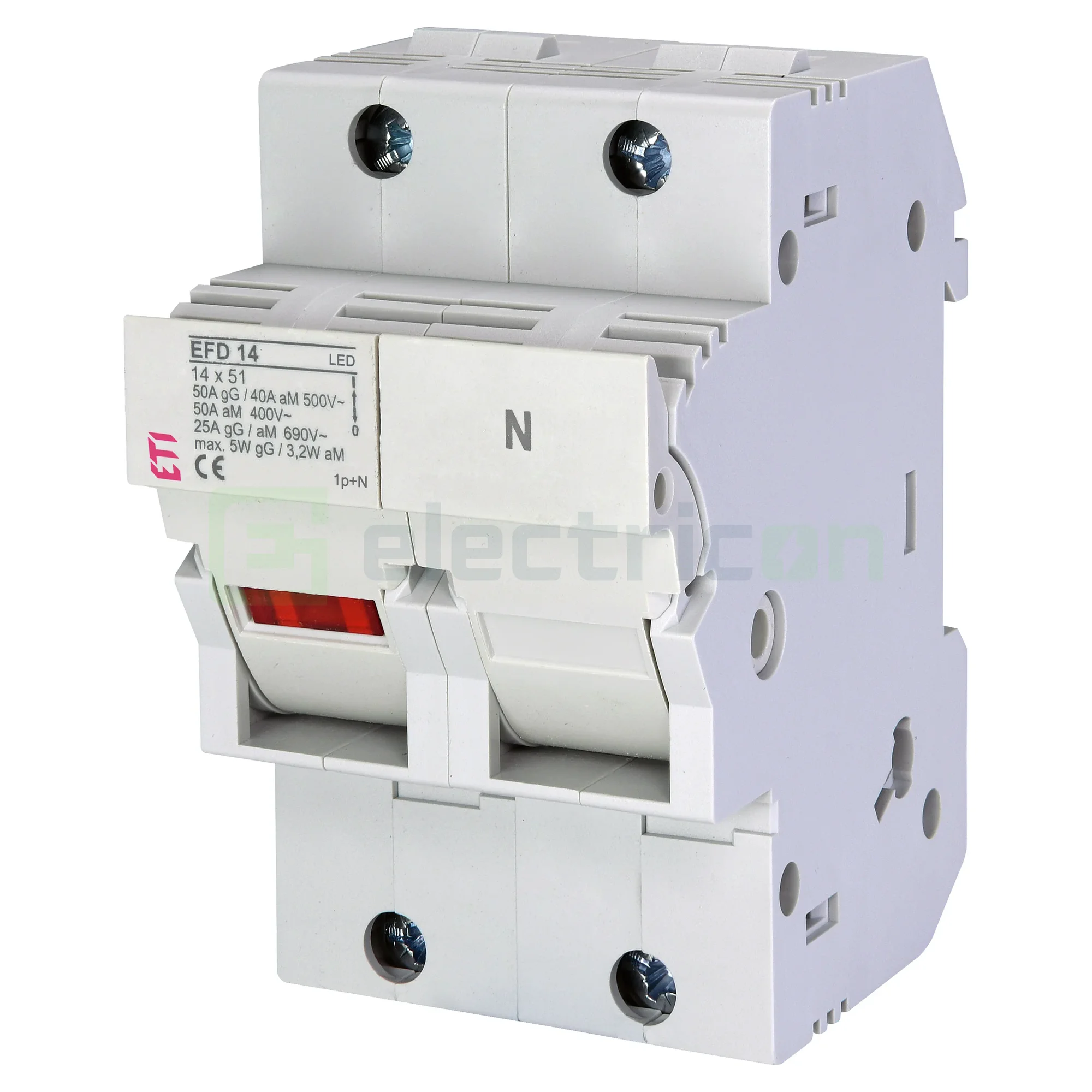 Soclu pentru fuzibile & sigurante fuzibile - Separator fuzibil (soclu), pentru CH 14x51, maxim 50A, 1P+N, cu LED ,EFD 14 1p+N LED,  ETI, 002560012