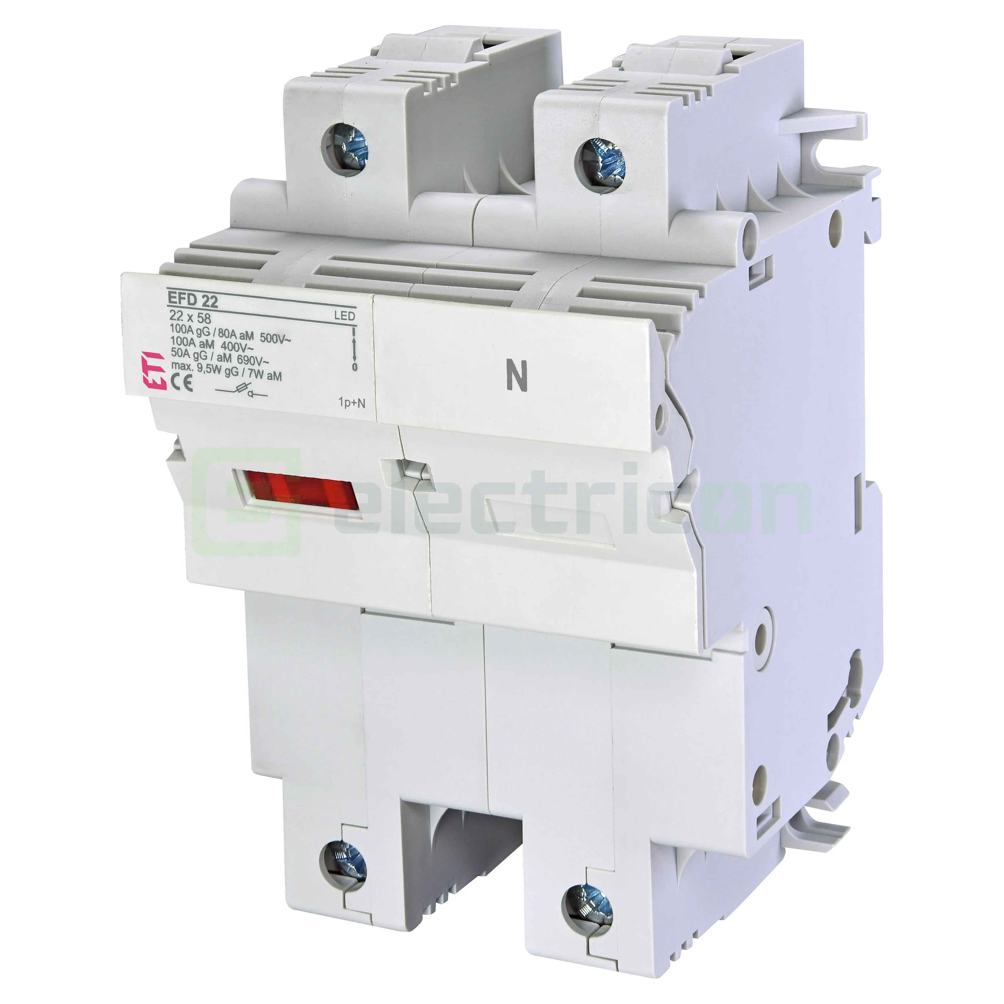 Separator fuzibil (soclu), pentru CH 22x58, maxim 100A, 1P+N, cu LED,EFD 22 1p+N LED,  ETI, 002570012