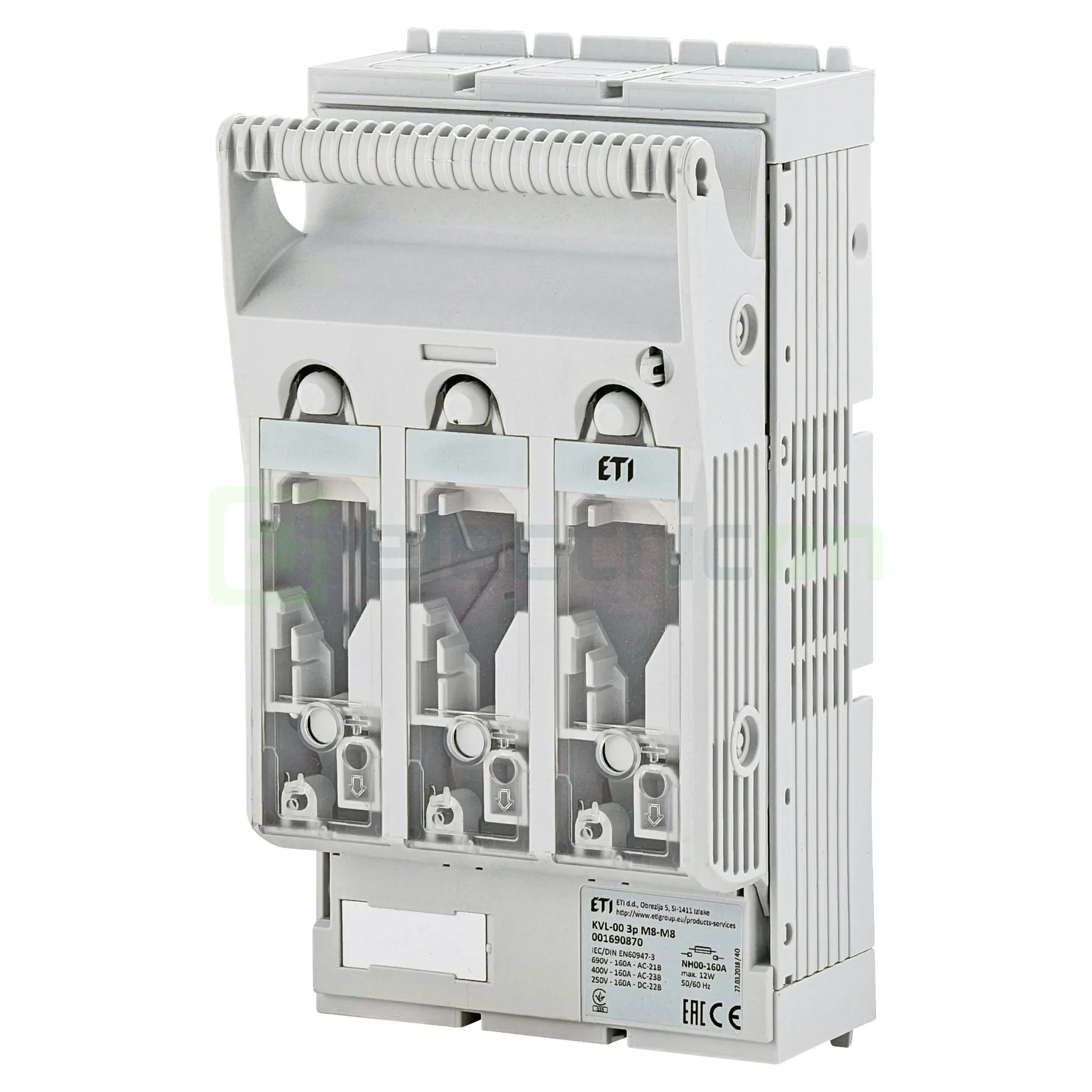 Separator fuzibil (soclu), pentru NH 00, maxim 160A, 3P, KVL-00 3p M8-M8, ETI, 001690870