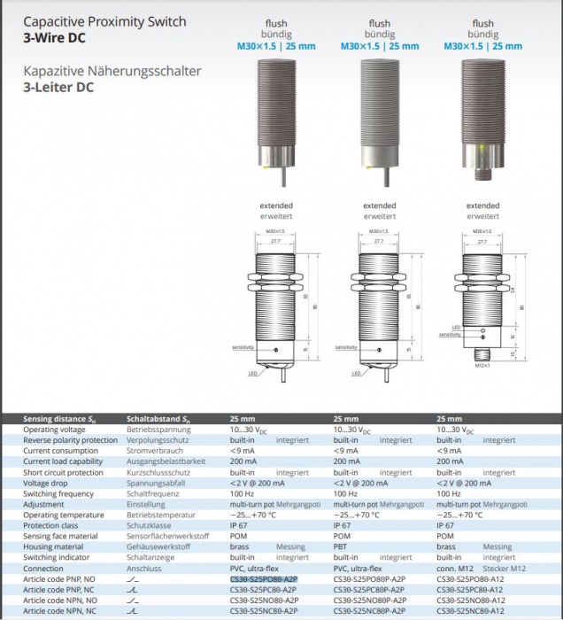 CS30-S25PO80-A2P, Senzor capacitiv M30, Sn 25 mm, ecranat, NO, PNP, 24 VDC, precablat 2m, 3 fire [2]