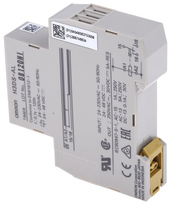 H3DS-AL, Releu de timp, Interval citire: 0,1s...120h, 24÷230V AC; 24÷48V DC, ON DELAY, 250V AC / 5A [2]