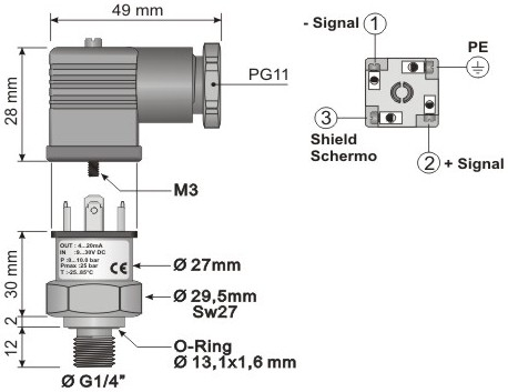 2000.40.104, Senzor presiune, domeniu marime controlata: 0÷10 bar, iesire 4...20 mA, 9...32 V DC [2]