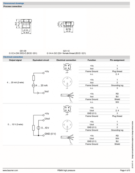 PBMN-25B38RA15302400000, senzor de inalta presiune, stainless steel, acuratete ±0.10 % FS, gama masura 0...400 bar,  presiune relativa, iesire semnal 4...20mA, conexiune cu cablu 1.5 m, 3 fire,  ecran [5]