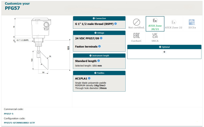 PFG57-5, PFG571-GF3NN010002-1CTF, senzor de nivel, filet G2 1/2, lungime tija 151 mm,  24 V DC, paleta: AC1PLA1 [2]