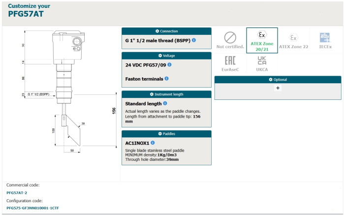 PFG57AT-2, PFG575-GF3NN010001-1CTF, senzor de nivel, filet G2 1/2, lungime tija 156 mm, 24 V DC, paleta: AC1INOX1 [2]