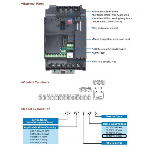 VFD185E43A, Convertizor VFD-E, IN 3x380 VAC, OUT 3x380 VAC, 18.5 kW, 38 A, control tensiune/frecventa, Functie PID, RS-485, Filtru EMI inclus [5]