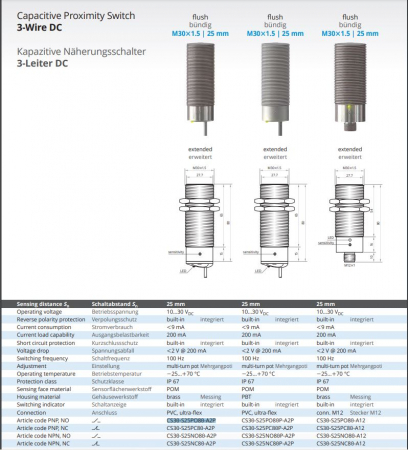 CS30-S25PO80-A2P, Senzor capacitiv M30, Sn 25 mm, ecranat, NO, PNP, 24 VDC, precablat 2m, 3 fire [1]