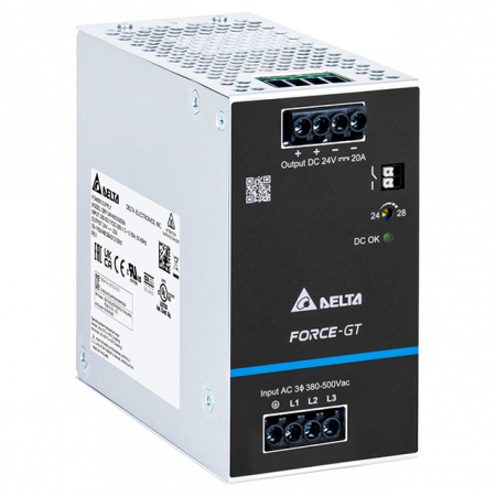 Surse de alimentare - DRF-24V480W3GBA, Sursa de alimentare, 24 V, 20 A, 480 W, contact DC, trifazata, montaj sina DIN, carcasa metalica