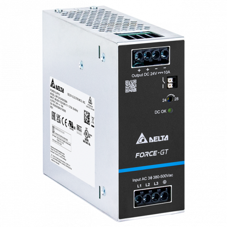 Seria Force-GT - DRF-24V240W3GBA, Sursa de alimentare, 24 V, 10 A, 240 W, contact DC, trifazata, montaj sina DIN, carcasa metalica