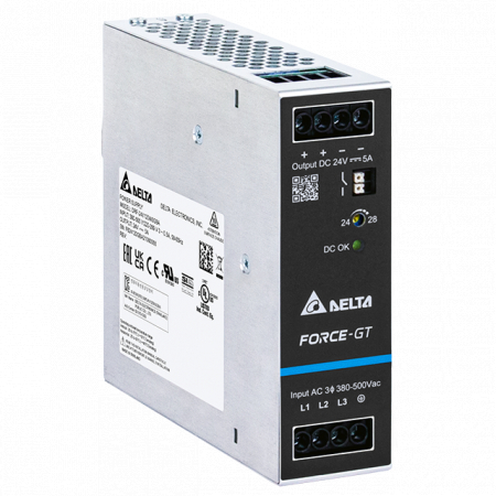 Seria Force-GT - DRF-24V120W3GBA, Sursa de alimentare, 24 V, 5 A, 120 W, contact DC, trifazata, montaj sina DIN, carcasa metalica