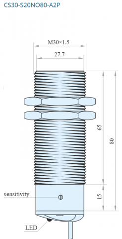 CS30-S20NO80-A2P, Senzor capacitiv M30, Sn = 20 mm, ecranat, NO, NPN, 10-30 VDC, precablat 2 m, 3 fire [1]