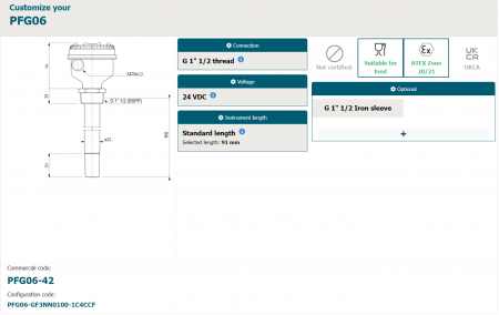 PFG06-42, PFG06-GF3NN0100-1C4CCF, senzor de nivel, lungime tija 91 mm,  24 V DC [1]