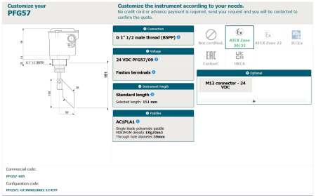 PFG57-685, PFG571-GF3NN010002-1C4ITF, senzor de nivel, filet G2 1/2, lungime tija 151 mm, 24 V DC, paleta: AC1PLA1, conector alimentare [2]