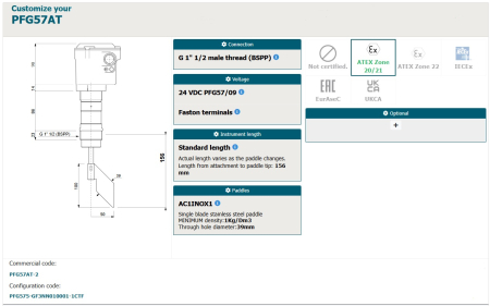 PFG57AT-2, PFG575-GF3NN010001-1CTF, senzor de nivel, filet G2 1/2, lungime tija 156 mm, 24 V DC, paleta: AC1INOX1 [1]
