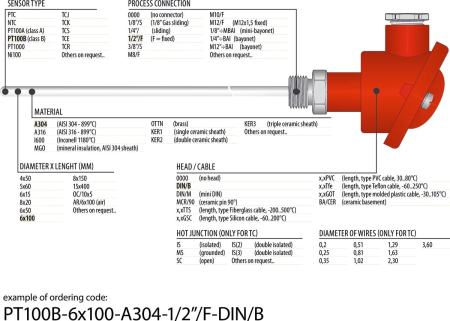 2000.00.798 (PT100B-6X100-A304-1/4-BAI-2.0TTS), Sonda de temperatura termorezistenta PT100, diametru teaca Ø = 6mm, lungime teaca 100mm, niplu de prindere pe arc, cablu de 2m cu tresa metalica [1]