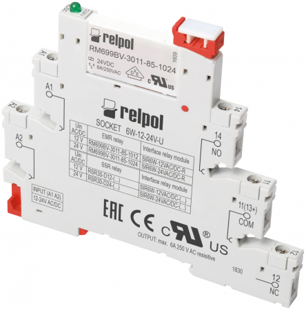 Relee interfata - SIR6W-220-240V AC/DC-R, releu slim,1 pol, 6 A, 220…240 V, soclu inclus