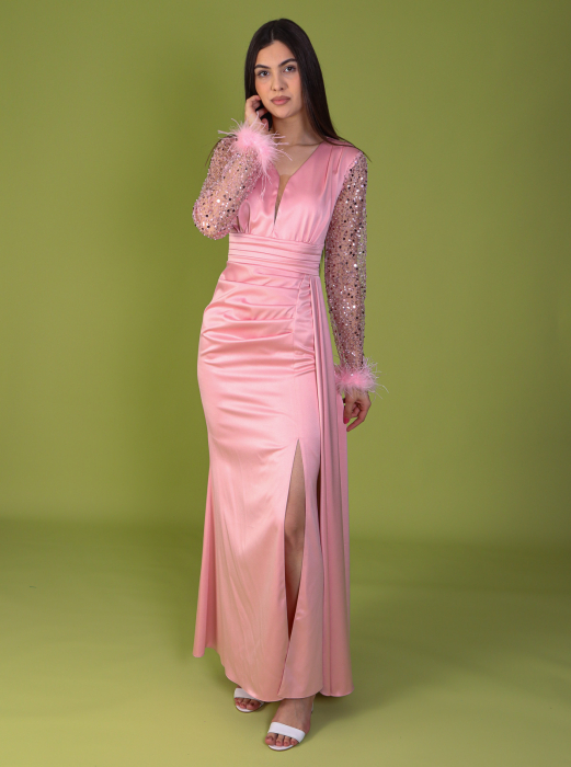 Rochie ALORA Eleganta, din Tafta, Maneci din Paiete si Puf [1]