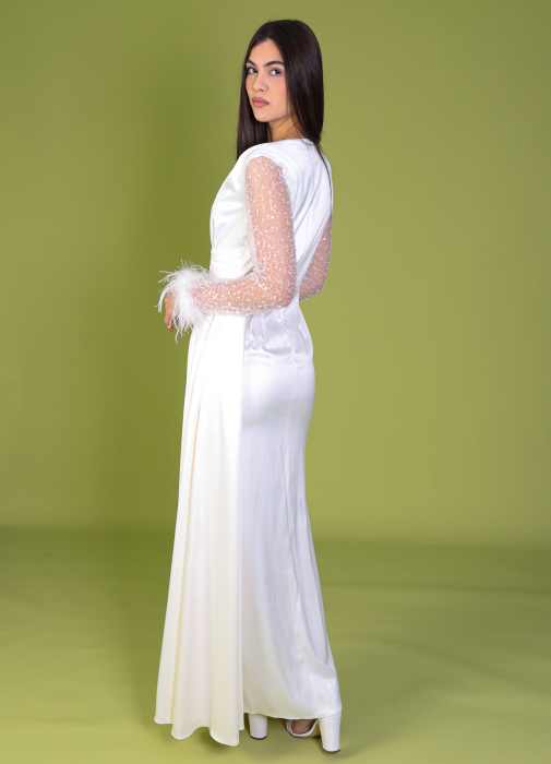 Rochie ALORA Eleganta, din Tafta, Maneci din Paiete si Puf [4]