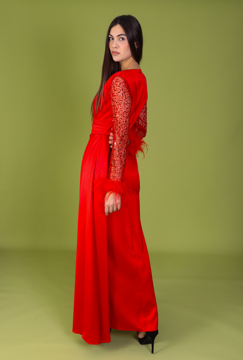 Rochie ALORA Eleganta, din Tafta, Maneci din Paiete si Puf [4]