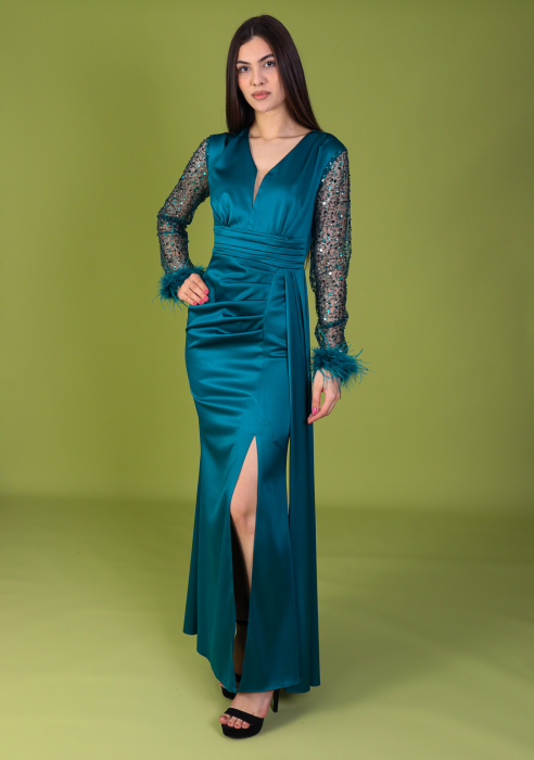 Rochie ALORA Eleganta, din Tafta, Maneci din Paiete si Puf [2]