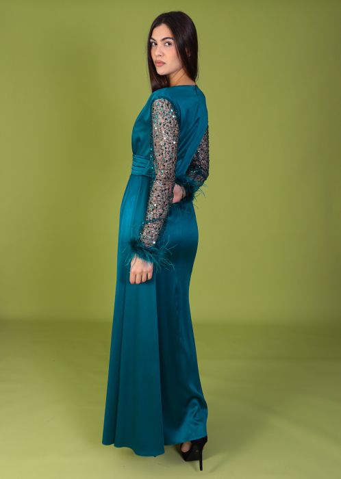 Rochie ALORA Eleganta, din Tafta, Maneci din Paiete si Puf [4]