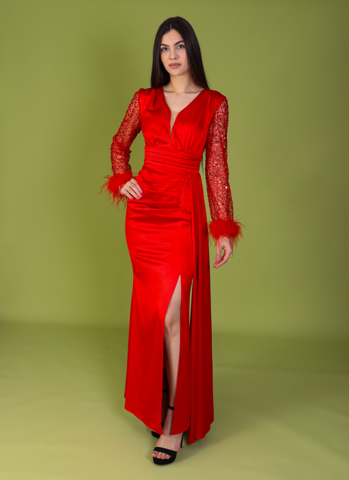 Rochie ALORA Eleganta, din Tafta, Maneci din Paiete si Puf [1]