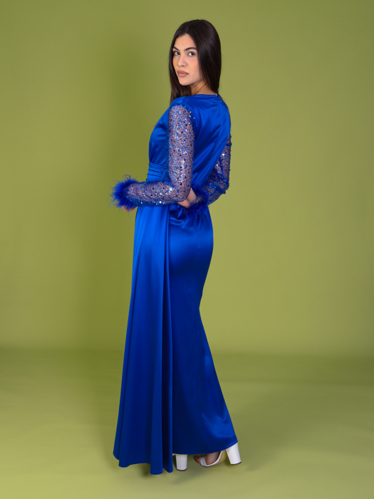 Rochie ALORA Eleganta, din Tafta, Maneci din Paiete si Puf [4]