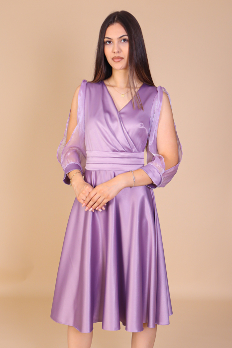 Rochie ANDA din Tafta, Lila cu Maneci din Organza, Engros [2]