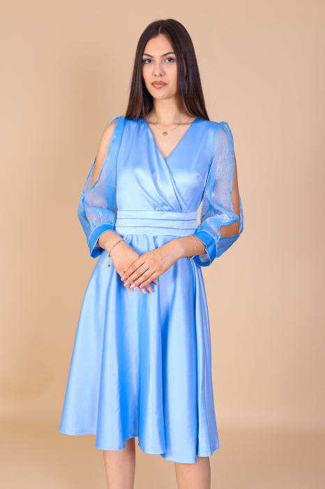 Rochie ANDA din Tafta, Bleu, cu Maneci din Organza, Engros [2]